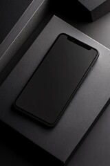 Poster - Modern smartphone resting on geometric black surface with blank screen