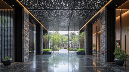 Poster - Modern entrance hall with elegant design, featuring stone walls and greenery.