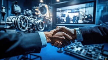 Poster - A handshake signifies collaboration in a modern technology setting.