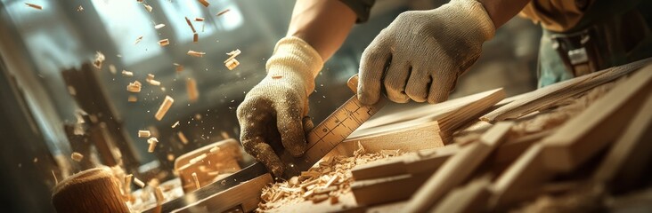 Aufkleber - A craftsman working with wood, showcasing tools and shavings in a workshop environment.