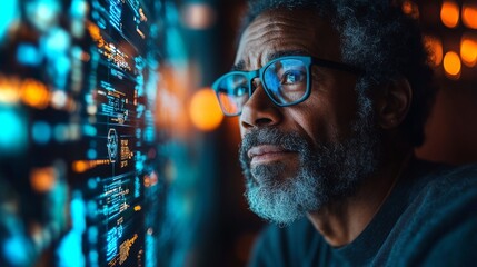Poster - A focused analyst studies data analytics from a digital interface at night in a modern workspace