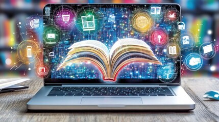 Poster - Laptop displays an open book with digital icons symbolizing online learning and resources