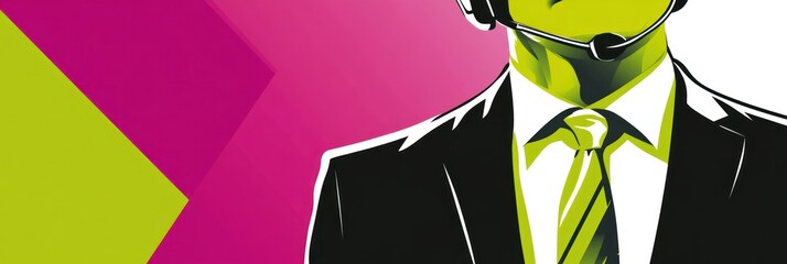 Aufkleber - A stylized graphic of a person in a suit with a headset against a colorful background.