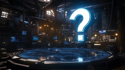 Canvas Print - Glowing question mark hovers over futuristic circular platform in a dark industrial setting.