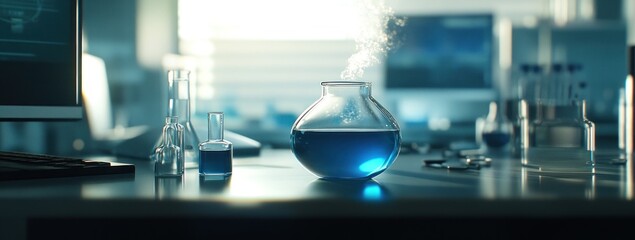 Leinwandbilder - A laboratory scene featuring a bubbling flask with blue liquid and various glassware.