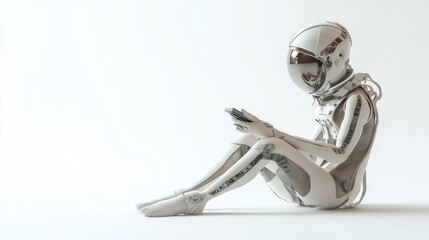 Poster - A humanoid robot in a spacesuit sits and interacts with a device, blending technology and leisure.