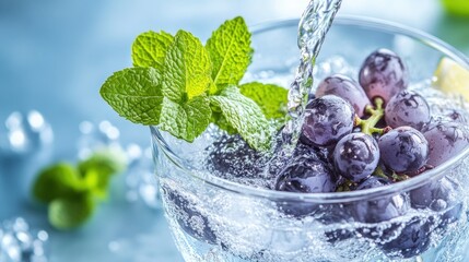 Poster - A refreshing drink with grapes and mint, showcasing bubbles and a splash of water.