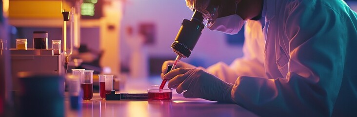 Poster - A scientist examines samples under a microscope in a laboratory setting.