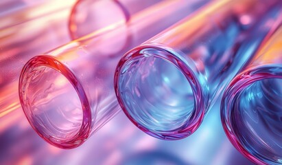 Poster - An abstract 3D geometric background consisting of shapes like flying tubes, cylinders, and disks, all with a holographic gradient texture. Iridescent circles and hologram design elements complete the
