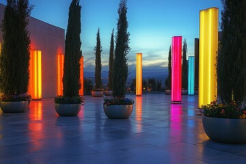 Poster - Colorful illuminated columns in a serene outdoor space at dusk with potted plants.