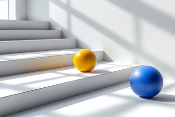 Fototapete - Spheres, balls, and volumetric geometric shapes in white are positioned on podiums against a neutral white background, emphasizing design and minimalism.
