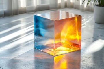 Poster - A crystal glass cube in three dimensions that exhibits holographic and refractive effects.