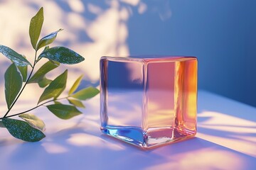 Poster - A crystal glass cube in three dimensions, displaying both refraction and a hologram.