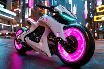 Poster - A cyberpunk-inspired bicycle with neon-lit wheels and a glowing digital display on the handlebars, riding through a futuristic cityscape