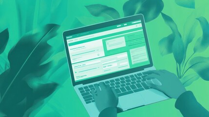 Poster - A laptop displaying a digital interface surrounded by green foliage.
