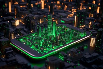 Aufkleber - A cyberpunk-themed cellphone with neon-lit edges, surrounded by holographic notifications in a dark futuristic city