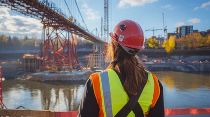 Poster - A woman wearing a safety helmet and reflective vest stands by a riverbank, observing construction work on a bridge.