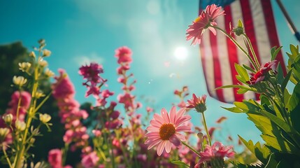 Canvas Print - A vibrant field of flowers under a bright sky, with an American flag waving in the background.