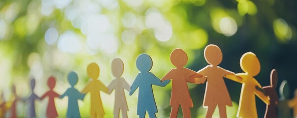 Poster - Paper chain people holding hands, symbolizing unity and teamwork, with green background
