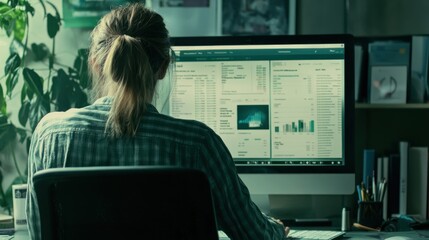 Aufkleber - A person working at a desk, analyzing data on a computer screen in an office setting.