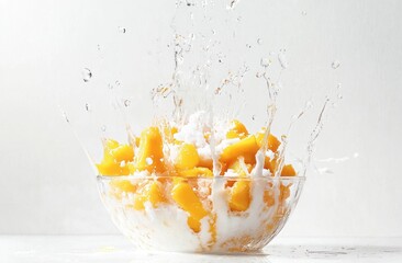 Poster - A bowl of peaches splashing into cream, creating a vibrant and dynamic scene.