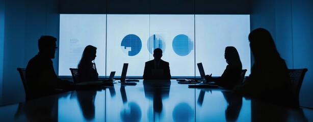 Poster - A silhouetted business meeting with data visuals in the background.