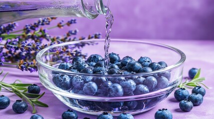 Poster - Fresh blueberries in a bowl with lavender, water pouring in, creating a refreshing scene.