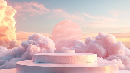 Poster - Pink marble cylinder podium floating in dreamy cloudscape at sunset