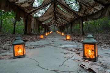 A dark and eerie circus tent with tattered fabric and dim lanterns casting haunting shadows on the ground