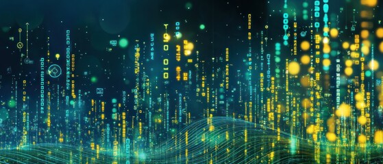 Poster - Abstract digital background with binary code and glowing elements.