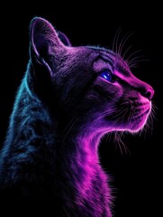 Poster - A stylized profile of a cat illuminated in vibrant purple and blue hues against a black background.