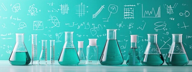 Poster - Laboratory glassware with turquoise liquid against a chalkboard background of scientific notes.