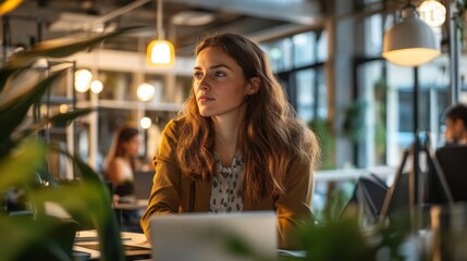 Poster - In a contemporary office filled with natural light, a woman with long hair sits at a table, concentrating on her work. She is surrounded by plants and other professionals engaged in their tasks.