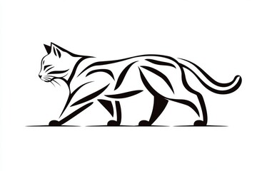 Aufkleber - A flat design of a cat silhouette with its tail curled, rendered in bold black lines on a white background