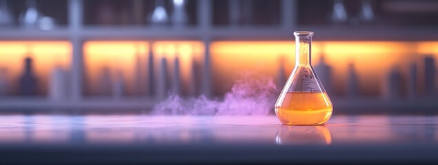 Poster - A glowing flask with orange liquid and smoke, symbolizing scientific experimentation.