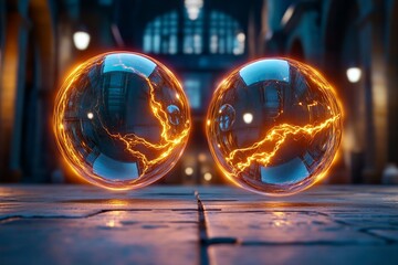 Poster - A futuristic scene of glowing, holographic bubbles floating in a dark sci-fi environment