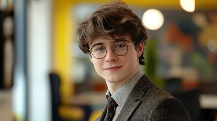 Aufkleber - A young man with glasses smiles confidently in a modern office setting.