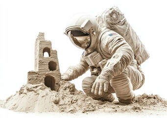 Aufkleber - An astronaut kneels beside a sandcastle on a white background, blending space and playfulness.
