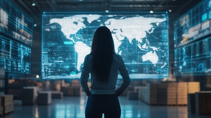 Poster - A professional woman stands facing a large digital screen displaying a world map and complex data visuals. She is in a contemporary office setting with stacks of boxes around her.