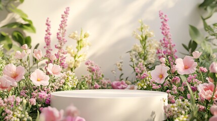 Poster - White podium displaying cosmetics surrounded by pink and white flowers