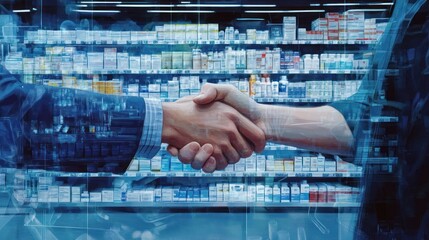 Poster - Two individuals shaking hands in front of a pharmacy shelf filled with medications.