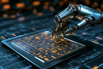 Poster - A high-tech holographic calendar displayed on a robotic hand, set against a dark cyberpunk background