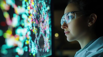 Leinwandbilder - A woman in a lab coat with glasses examines digital data displayed on a large screen. The colorful graphics suggest intricate analysis, indicating her focus on scientific research late in the day.