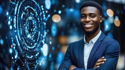 Aufkleber - A confident young man in a suit poses against a digital technology backdrop.