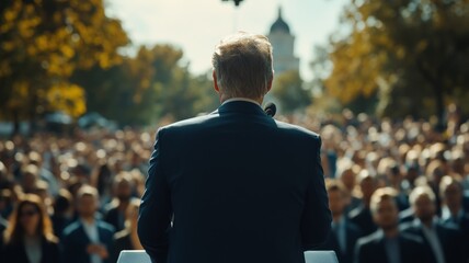 Wall Mural - A politician giving a presidential speech wearing a dark blue suit speaking to a large crowd looking on in a public