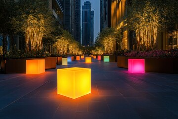 Poster - Illuminated cubes in a modern urban landscape at dusk.