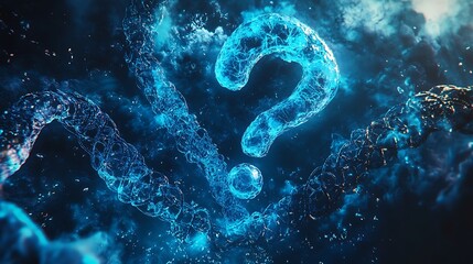 Wall Mural - Glowing blue question mark formed by water particles in dark smoky background.