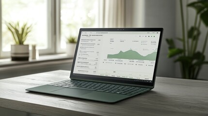 Poster - A laptop displaying data analytics on a wooden table near a window with plants.