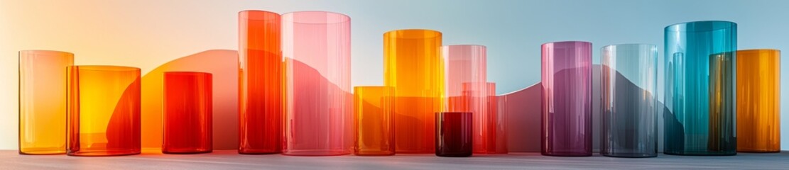 Poster - A series of geometric glass podium mockups, isolated on a background, displaying modern and realistic transparent 3D hexagon, cylinder, and cube models with light reflections on a plastic surface.