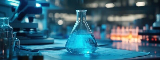 Leinwandbilder - A laboratory scene featuring a blue liquid in a flask, highlighting scientific research.